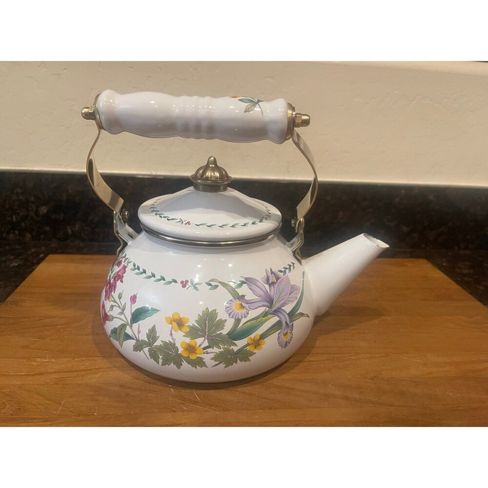 MIKASA ENAMELED METAL TEA POT KETTLE FLOWERS